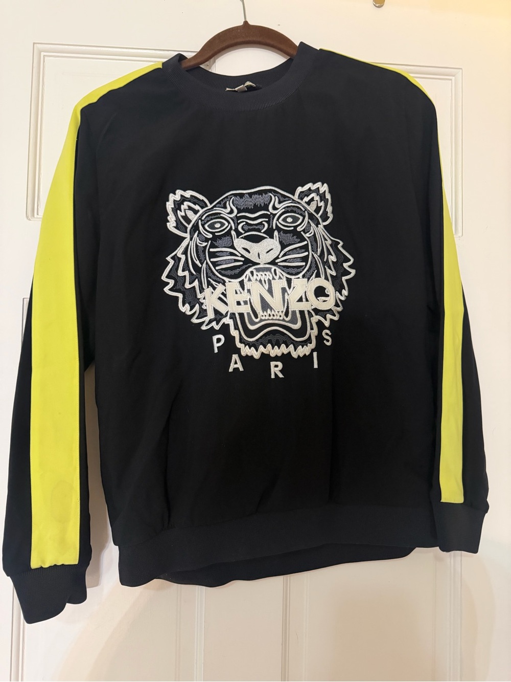 Kenzo Black Crewneck Sweater with Neon Yellow Sleeve Stripes
